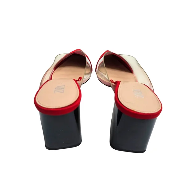 Zara Chunky Block Heeled Mules Vinyl Red High Heels Sexy Business Chic Size US 9 - Picture 5 of 12
